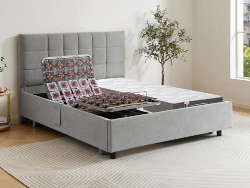 Vente-unique-Cama articulada multiterminales + colchón 100% látex 3 Zonas - 2 x 70 x 190 cm - Tela - Gris - JOFAR de DREAMEA