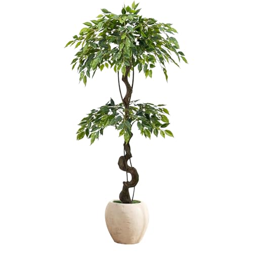 150cm Large Ficus Artificial Trees in White Pot 5ft Tall Fake Silk Tree with Natural Curved Trunk Lush Faux Ficus Tree for Indoor Home Decor Living Room Office & Patio