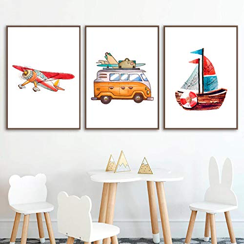 Cuadros de dibujos animados de camping y aviones en lienzo de tres piezas para habitación infantil
