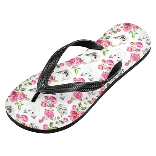 ALAZA Cats Roses Flowers Kitty Flip Flops for Women Fashion Beach Slippers Comfort Mens Flip Flops Non-Slip Rubber Shower Slippers Sandal for Hotel Travel Sport,XS2