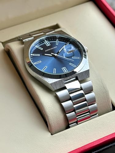 Image of AMERICANVIBER Men's Silver Stainless Steel Watch, Vibrant Green Sunburst Dial, Quartz Analog Movement, Date Display, Faceted Bezel for Men