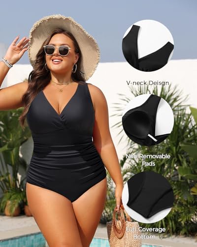 Aqua Eve Women Plus Size One Piece Swimsuits Tummy Control Bathing Suits V Neck Ruched Swimwear4