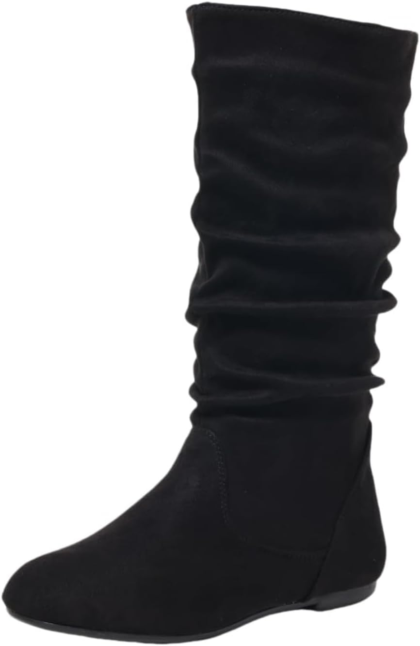 Women's Knee High Boots Soft Suede Mid Calf Boots Flat Low Heel Slouch Pointed Toe Winter Shoes with Side Zipper Comfortable Fall Outdoor Footwear