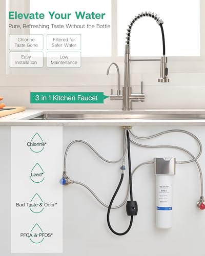 Image of GIMILI 3 in 1 Kitchen Faucet with Pull Down Sprayer Brushed Nickel Two Handle Kitchen Sink Faucet with Under Sink Water Filter System Reduces PFAS, PFOA /PFOS, Lead, Chlorine, Bad Taste & Odor