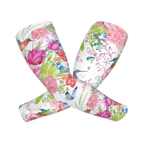 ANSGSD Hummingbirds Flower Watercolor Gardening Sleeves With Thumb Hole For Women Men, Farm Sun Protection Thorn Proof Cooling Arm Sleeves To Cover Arms For Garden Sports