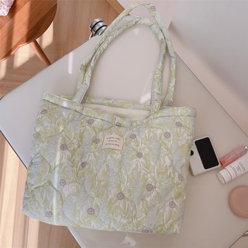 Image of Floral Quilted Cotton Shoulder Bag for Women Medium Size Handbag Large Capacity Thickened Design Tote
