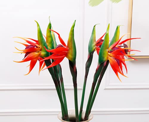 3 Pcs Large Bird Of Paradise 32 Inch Permanent Flower,Uv Resistant No Fade Flower Part Is Made Of Soft Rubber Pu,Artificial Flower Plants For Home Office,Flower Stem 1/2 Inch,Orange Red #TOP7