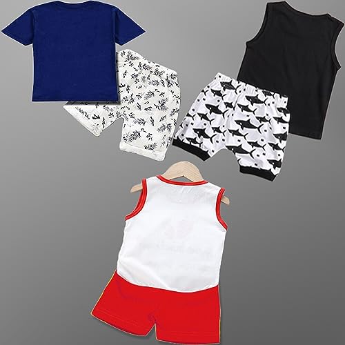 Image of LOFN Cotton Clothing Sets for Baby Boys & Baby Girls Pack Of 3 - Unisex Clothing sets Half sleeve T-Shirt & Shorts Pack Of 3 (KDST2-AFWH-KDST7-BLWH-KDST12-WHRD)