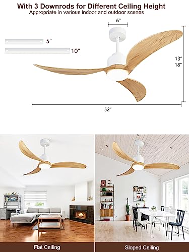 Tfvv 52" Wood Ceiling Fan With Light Dimmable,3 Blades,6 Speeds, Farmhouse Ceiling Fan With Remote Control For Living Room, Bedroom, Patio，Porch(White) #TOP5