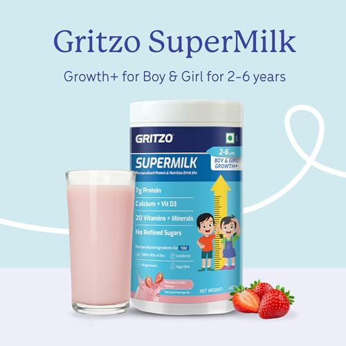 Image of Gritzo SuperMilk Growth+ (2-6y Kids), Strawberry Swirl, 400g | 7g Protein with 20 Vitamins & Minerals | Zero Refined Sugar