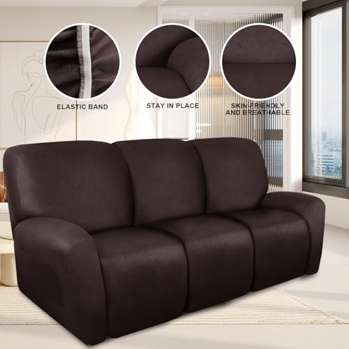 Image of ANARACHON Recliner Couch Cover Leather Look Recliner Sofa Covers for 3 Cushion Reclining Sofa Slipcovers 8-Pieces Furniture Protector Spandex Fabric Washable (3 Seater, 01 Chocolate)