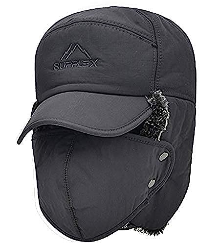 Unisex Faux Fur Warm Trapper Hunting Hat Windproof Winter Thick Thermal Bomber Hat With Earflap Mask Russian Hat Ski Cap Gray #TOP14