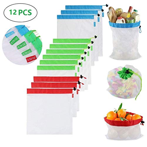Evecase 12PCS Reusable Mesh Produce Bags with Drawstring Washable Eco Friendly Bags for Grocery Shopping Storage Fruit Vegetable Toys, See-Through, Large, Medium & Small