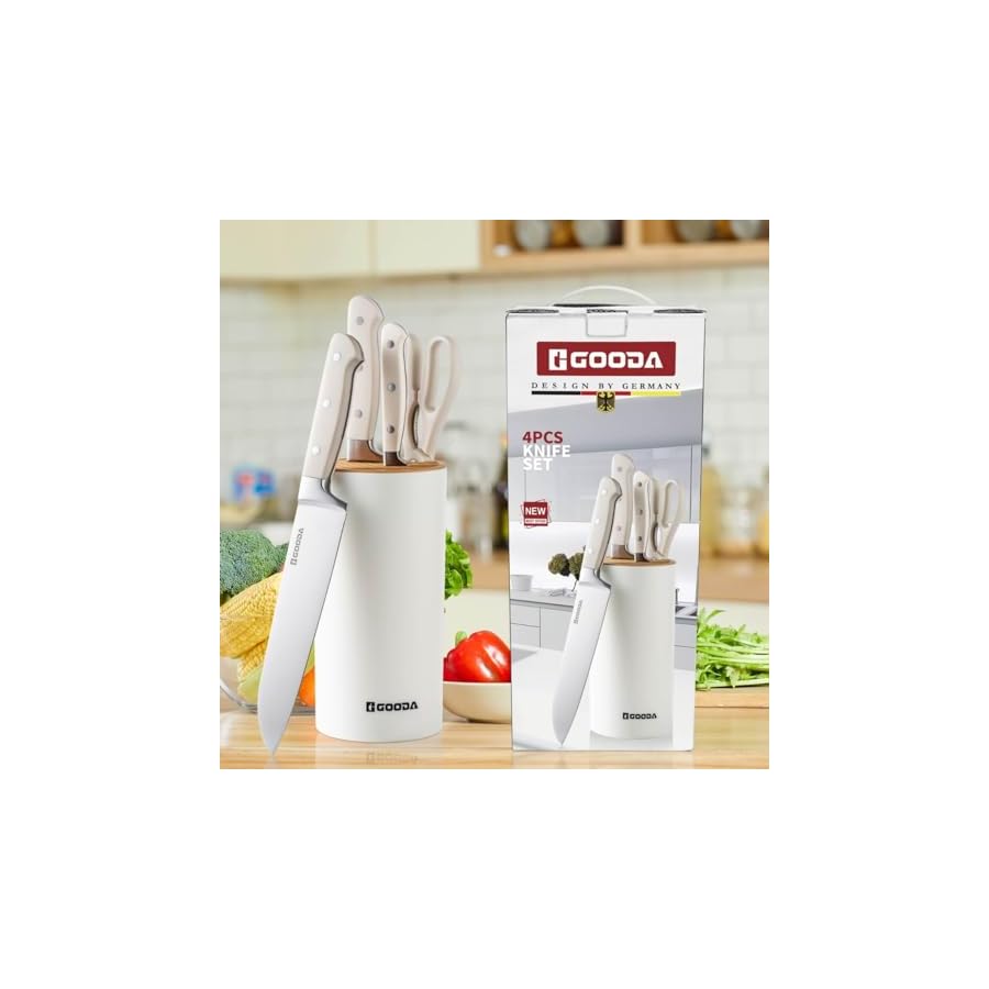 GOODA-Knife-Set-with-Block4-Pieces-High-Carbon-Stainless-Steel-Kitchen-Knife-set-Dishwasher-Safe-with-Sharp-Blade-Forged-Triple-Rivet-Ergonomic-HandleWhite GOODA Knife Set with Block,4 Pieces High Carbon Stainless Steel Kitchen Knife set Dishwasher Safe with Sharp Blade Forged Triple Rivet Ergonomic Handle,White