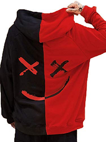 N /C Mens Boys Fashion Hooded Jerseys Long Sleeve Contrast Color Smile Hip-Hop Sweatshirt Hoodies (Black-Red , Medium ) #TOP1
