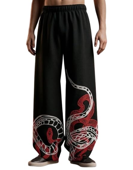 Image of Men's Black Wide Leg Trousers with Snake Print, Elastic Waist, Casual Style