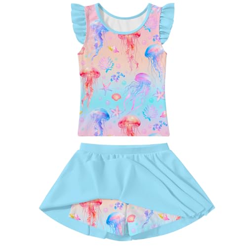 Image of Girls Swimsuit 2 Piece Ruffle Bathing Suit UPF 50+ Tankini Swimsuit Skirt with Lining Size 3-10