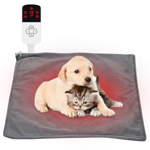 Afenau Heizdecke Katze Hunde, 45x45cm Heizmatte Katze mit 9 Temperaturstufen und 12 Stufen Timer, Weiche Haustier Heizkissen, Sicher Heizdecke für Katzen Hund Kaninchen Haustier (Grau)
