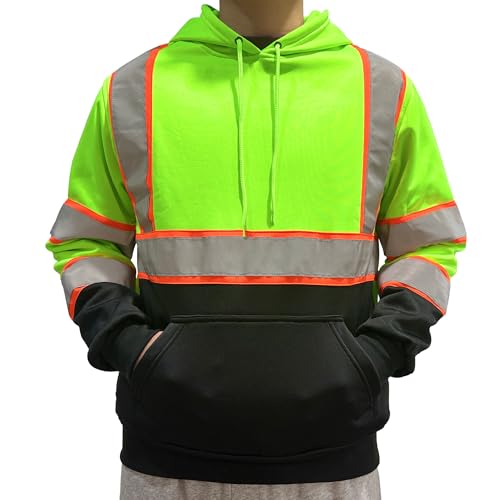 Wuple High Vis Safety Hoodie Class 3 Reflective Hoodie for Construction Pullover Hi Vis Sweatshirt with Black Bottom Yellow L