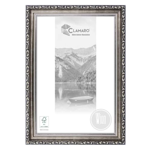 CLAMARO 'WIEN' Bilderrahmen Antik 33x49 Massivholz | Silber | 60 mm breite Shabby Chic Vintage Barock Leiste | Holzrahmen inkl. Acrylglas, Rückwand, Metall Aufhänger