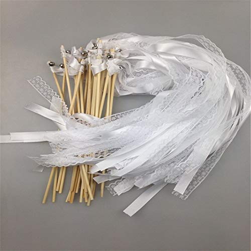 Jiaxingo magic wands with ribbon and bells, lace fairy stick with white ribbon for wedding, Christmas, birthday, party, silk, lace ribbon, with bells, pack of 30