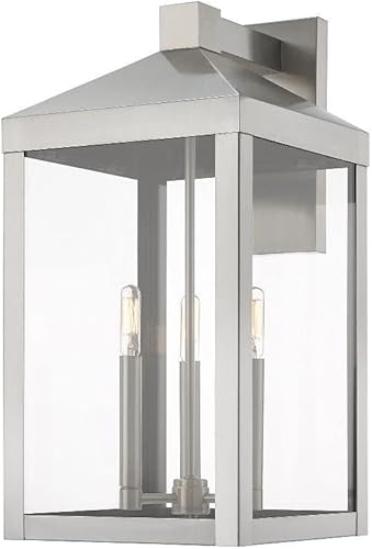 Livex Lighting 20585-91 Linterna de pared transitoria de tres luces para exteriores de la colección Nyack en Pwt, Nckl, B/S, acabado Slvr, níquel