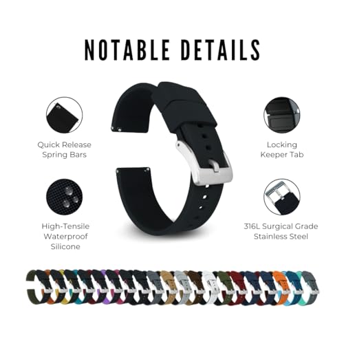 أساور ساعة بارتون ايليت من السيليكون - سريع الفك - اختر اللون - أحزمة ساعة 18 ملم، 20 ملم و22 ملم, 18mm, اسود