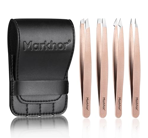 MARKHOR® Rose Gold - Set Profesional de Pinzas de Precisión y Pinzas Depilar para Cejas Vello Facial Astillas y Pelos Encarnados - Acero Inoxidable con Estuche (Pack de 4)