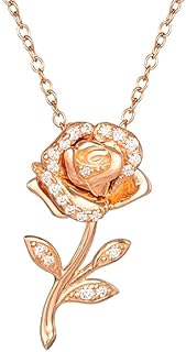 Disney Beauty and the Beast Pink Gold Over Sterling Silver Enchanted Rose Cubic Zirconia Necklace 18"
