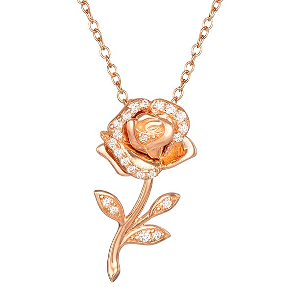 Disney Beauty and the Beast Pendant, Enchanted Rose Necklace, Pink Gold Over Sterling Silver and Cubic Zirconia, 18"
