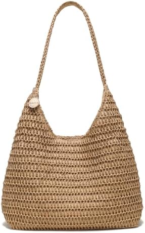 SUANNI khaki Straw Beach Bag for women, Woven Tote Hobo Bags, Lightweight Casual Boho Summer Tan Shoulder Handbag, Packable Mesh Everyday Purse for Holiday Shopping Travel