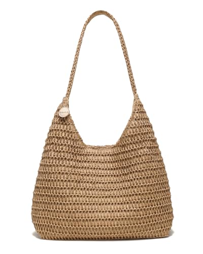 SUANNI Khaki Stroh-Strandtasche für Damen Geflochtene Hobo-Tragetasche Leichte Lässige Boho Sommer-Schultertasche Faltbare Alltagstasche für Urlaub Einkaufen & Reisen