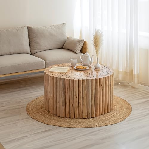 HanStrong Round Coffee Table, 32' Natural Wood Unique Tree Stump Shaped Design Circular Center Table for Living Room, Apartment, Office, Oak