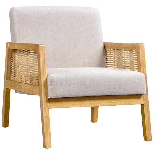 Abician Fauteuil de Salon en Bois et en Tissu Chaise de Rotin Relax avec Coussins Rembourrés pour Salon Chambre Vérandas Beige/1