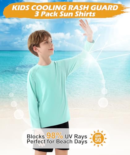 Boys Swim Shirt UPF 50+ Kids Rash Guard Long Sleeve 3 Pack Youth Sun UV Protection SPF Water Fishing Top Shirts 5-18Y2