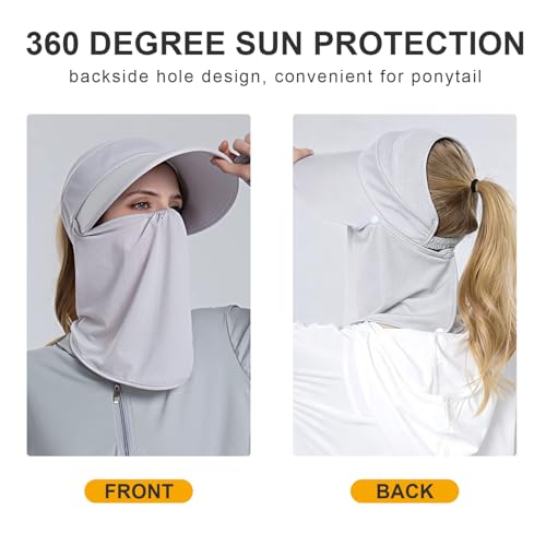 Image of Women Wide Brim Face Mask Sun Hat Detachable Neck Face Flap Ponytail UV Protection Visor Hat Garden Fishing Hiking