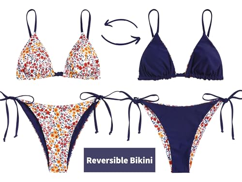Image of ZAFUL Women's Triangle Bikini Floral String Bikini Set Two Piece Swimsuit Bathing Suits