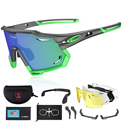X-TIGER Gafas de Ciclismo con 5 Lentes Intercambiables Montura TR90 Gafas de Bicicleta, Moto MTB Bicicleta Carrera de béisbol, Escalada Deportes al aire libre Gafas