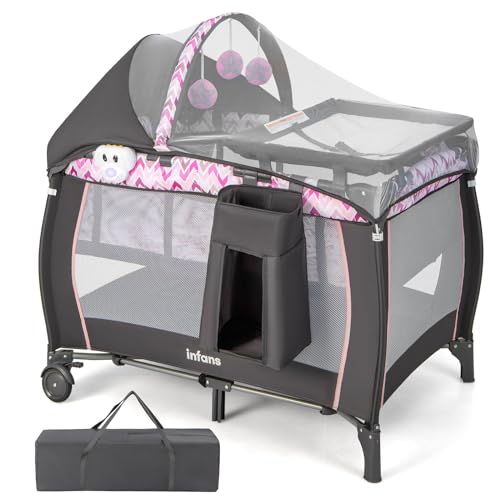 Image of INFANS 4 in 1 Pack and Play, Portable Nursery Center for Baby Kid Infant, Travel Playard with Bassinet, Mattress, Diaper Changer, Bag, Toys, Music Box, Storage Basket (Pink Wave, with Canopy)