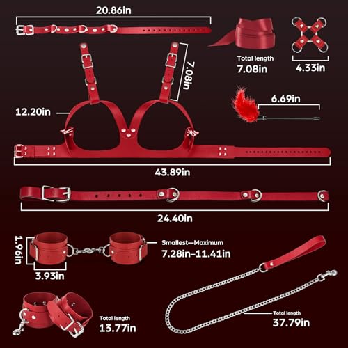 Image of 13-Pcs Sex Bondage Toys BDSM Beginners Kit for Women Couples, Adjustable Breasts Restraints, Collor and Leash, Wrist and Ankle Cuffs with Hog Tie, Behind Back Restraints, Blindfold & Tickler （ Red ）