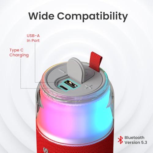 Image of Portronics 10W Talk Six Can-Shaped Portable Bluetooth Speaker with Dual Wireless Karaoke Mic, Upto 4 Hours Playtime, 360 Degree RGB LED Light, Bluetooth V5.3, USB-A in Port, Type C Charging(Red)