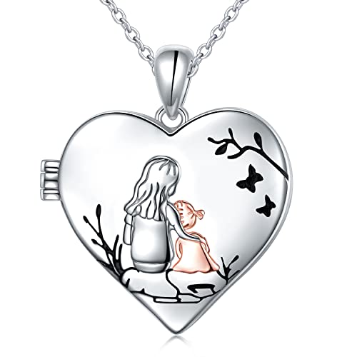 Ladytree S925 Sterling Silver Love Heart Mother and Daughter Keepsake Hold Pictures Photo Locket Memory Pendant Necklace Gifts for Women Grandma Mother Daughter