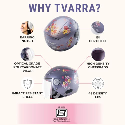 Image of TVARRA Blossom ISI Certified Women's Open Face Helmet Designer Helmet, Lightweight and Rainproof, Crafted for Women, Extreme Comfort Fit with Clear Visor (Lilac Blush, M /L: (56-57) cm)