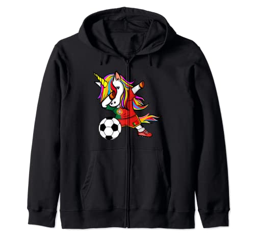 Dabbing Unicorn Portugal Football - Portuguese Flag Soccer Zip Hoodie, Black
