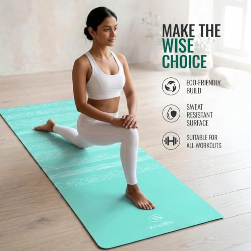 Image of Wiselife Printed Exercise Yoga Mat with Carry Strap, Anti-Slip Fitness Mat for Yoga, Pilates, Stretching & Home Workout (Cyan Wave)