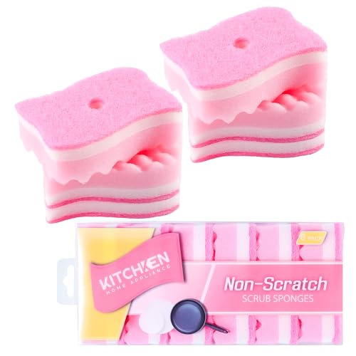 Image of Non-Scratch Scrub Sponges, 6 Pack, Odor Free, Gentle on Sink, Counters, Surfaces, Pots, Pans, for Dishwashing & Household Cleaning with 1Sponge Holder