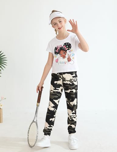 Image of mksodop Girls Outfit Set Graphic T Shirt and Camo Jogger Pants Cute Casual Clothes for Girls 5-16 Years