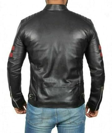 Image of Men's Leather Jacket Cafe Racer Biker Style Retro Stripes Jacket, Motorcycle Racing Leather Jacket Men