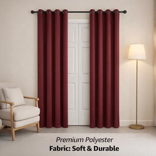 Image of amazon basics - Room Darkening Blackout Door Curtains, 100% Room Darkening | 7 Feet |Set of 2| Plain Design | for Living Room and Bedroom | 115cmx210cm, Color- Maroon