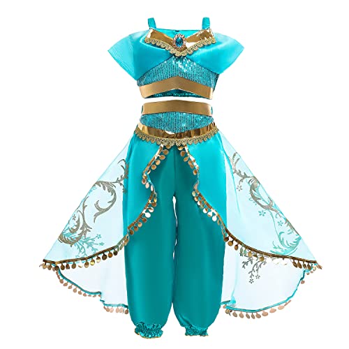 Girls Teal Princess Dress with Sequin Accents, Embroidered Cape